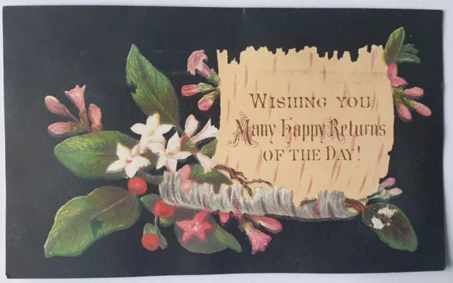 BLACK Antique Victorian Birthday Card Pink Flower Floral MANY HAPPY RETURNS 1880