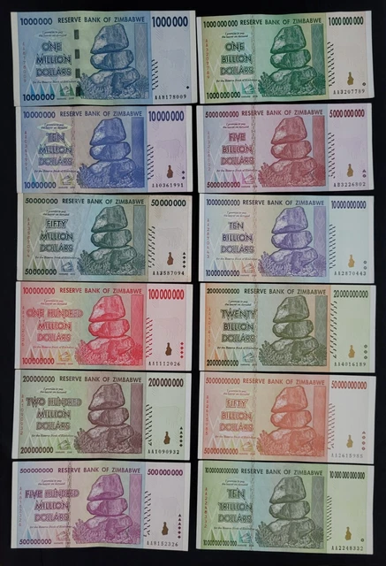 Zimbabwe Set 12 Pcs 1,10,50,100,200,500 Million 1,5,10,20,50 Billion & 10T