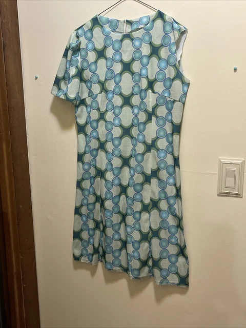Vintage Polyester Fabric Double Knit 60s Blue Green Mod Dots 1/2 Dress + 60”x30”