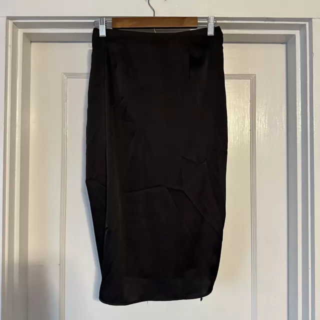 Forever 21 Skirt Womens M Medium Black Ruched Front Side Zipper Midi Slip Skirt 2