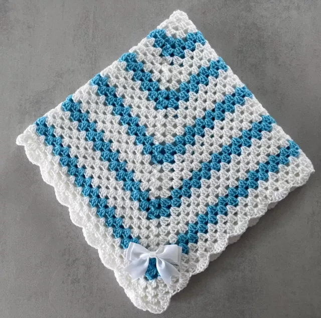 NEW HAND CROCHET BABY BLANKET WHITE AND TURQUOISE  SIZE 27 x 27 INCH APPROX