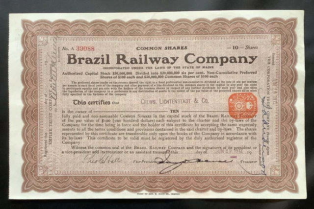 Brazil Railway Company Share Certificate 1912
