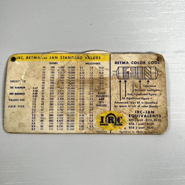 Retma Color Code Chart VINTAGE 1951 IRC Resist-O-Guide Slide Chart RETMA Standard Color Code £ ...