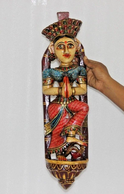 Vintage madera Rajasthani dama bienvenida a mano estatua pared colgante...