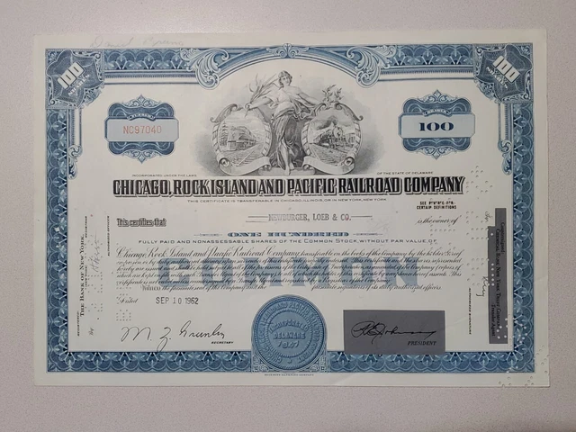 Chicago, Rock Island and Pacific Railroad Cancelled Stock Certificate