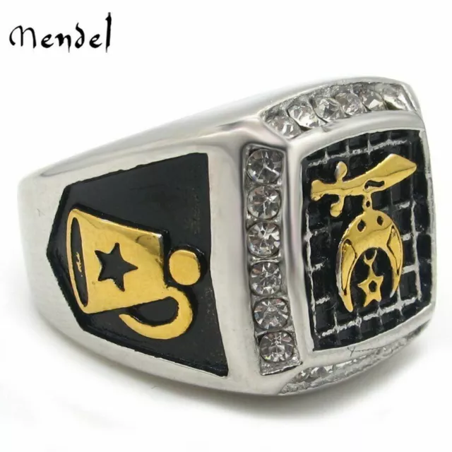 MENDEL Mens Gold Plated CZ Freemason Masonic Shriner Ring Size 7 8 9 10 11 12-15