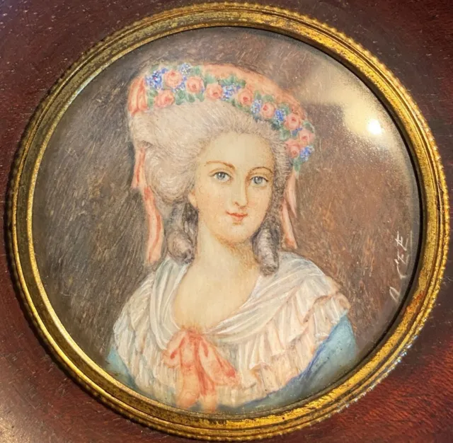 Antique French Portrait Miniature Painting Young Lady Wood Frame 19th Century