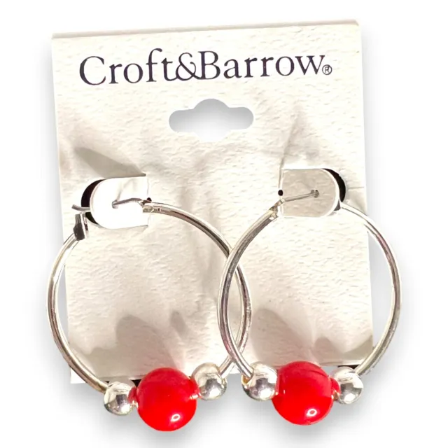 New Croft & Barrow Earrings Hoop Red & Silver Beads Silver Tone Classic