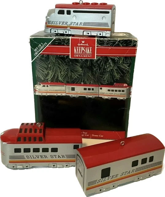 Hallmark Keepsake Train Ornament Silver Star Locomotive Luggage & Dome Car Metal