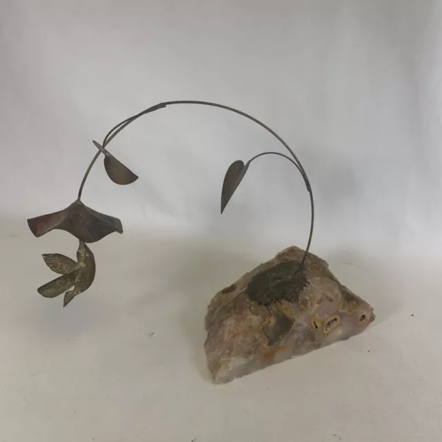 VTG MCM Bijan(?)Bronze Copper Humming Bird Tree Flower Art Sculpture Marble Rock