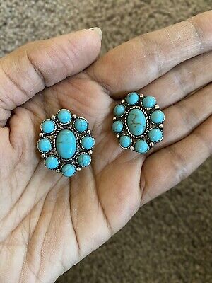 Clip On Blue Stud Howlite Turquoise Blue Clip On Prom Pageant Earrings 1.2”
