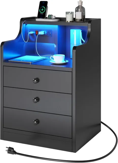 Nightstand with Charging Station and LED Lights Modern End Side Table with Hutch