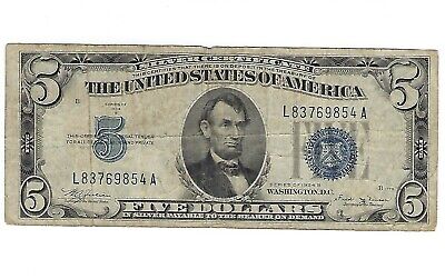 1934 B Series $5 Silver Certificate Paper Money Five Dollars Circulated Currency