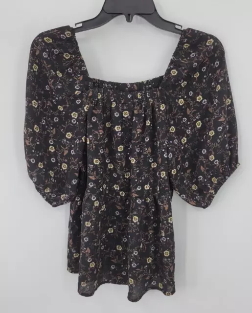 Bobeau Top Womens Medium Black Floral Puff Sleeve Boho Peasant Romantic Blouse