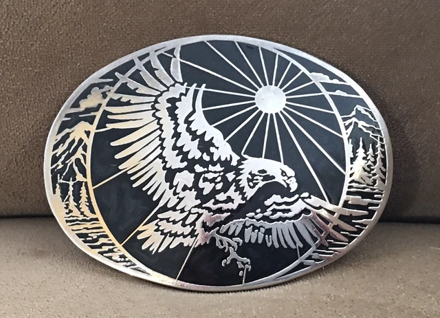 Classic Vintage ADM USA Flying Eagle Sun Western Mountain Landscape Belt Buckle