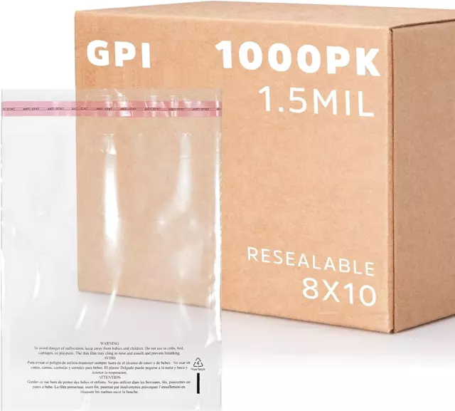 - CASE of 1000 8" X 10" CLEAR SELF SEAL POLY BAGS, 1.5 Mil - Resealable Peel & S