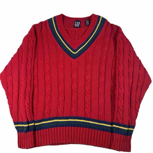 Vintage Gap Men's Cotton Chunky Cable Knit Red V Neck Stripes Tennis Sweater L