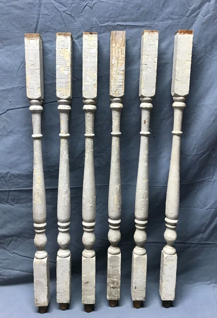 Set 6 Antique Turned 2x27 Wood Spindles Shabby White Chic VTG Old 87-23B
