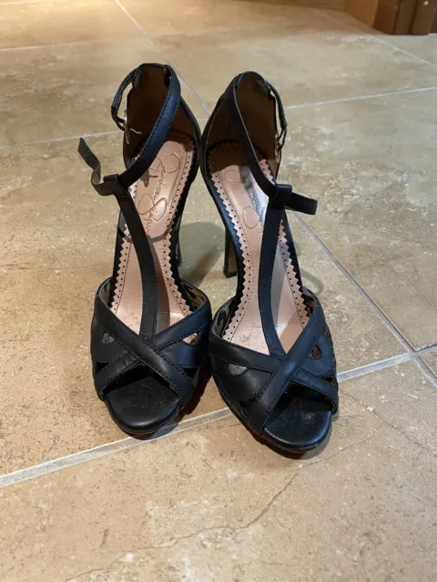 jessica simpson black leather open toe heels size 6.5
