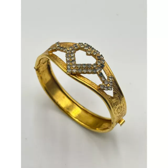 VINTAGE HINGED BANGLE Bracelet Gold Tone Clear Rhinestones Heart Design ...