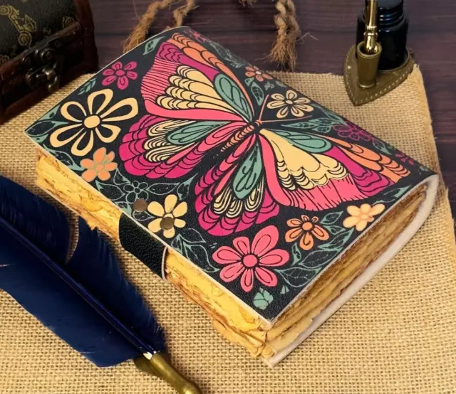 Butterfly Handmade Vintage Leather Journal Flower Embossed Office Notebook Hand