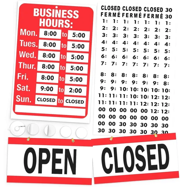 Open Closed Sign, Business Hours Sign Kit - Bright Red and White Colors -