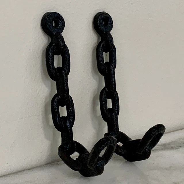PAIR of Cast Iron Chain Link Wall Hook Coat Towel Hanger Rustic Industrial 5"T