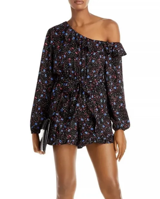 Aqua NWT One Shoulder Floral Romper Black Multi Large New with Tags Retail $78
