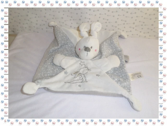 M - Doudou Plat Carré Lapin Blanc Gris Attache Sucette  Etoiles Simba Toys