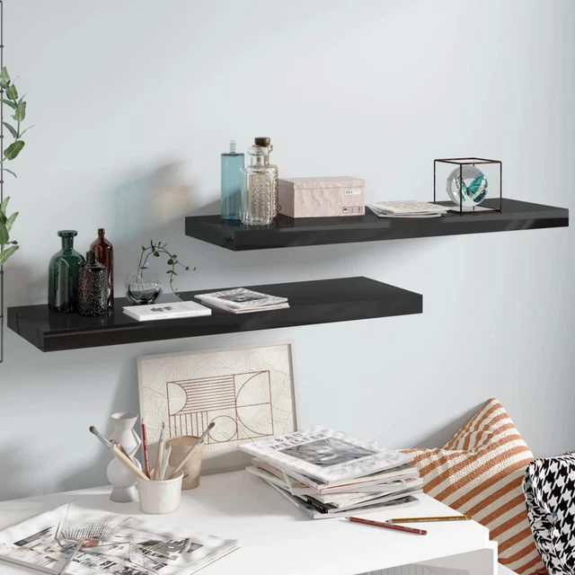 Scaffali a Parete 2 pz Nero Lucido 80x23,5x3,8  in MDF V2E1