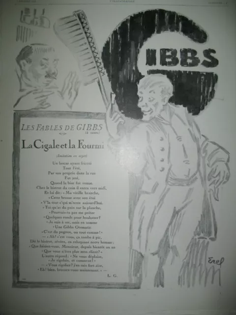 Publicite De Presse Gibbs Brosse La Cigale Et La Fourmi Illustration Eerel 1929