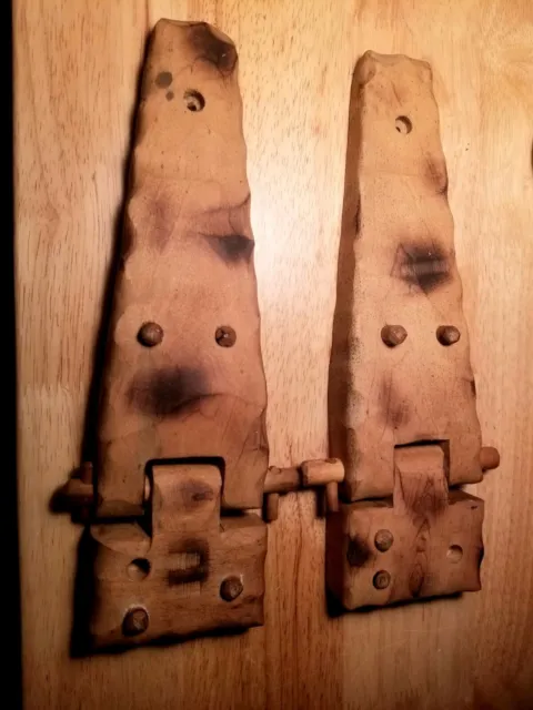 Pair of primitive wooden Hinges Hand carved Cabin rustic
