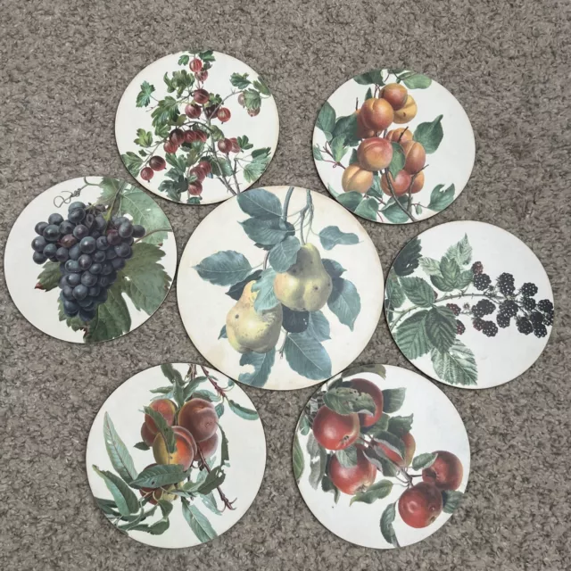 6 X Vintage Round Felt Backed Placemats Fruit Pattern Lady Clare + 1 Serving Mat