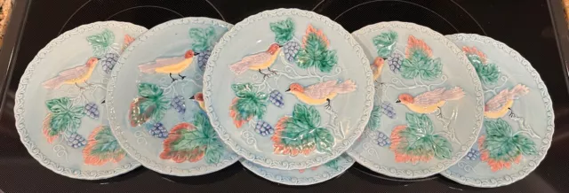 West Germany Majolica Decorative Plates Set Of 6. Birds On Branches Flowers