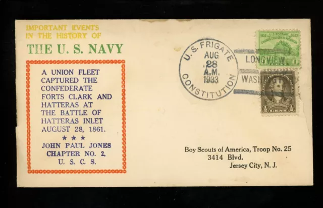 US Naval Ship Cover USS Constitution IX-21 Pre WWII Era 1933 Frigate Longview WA