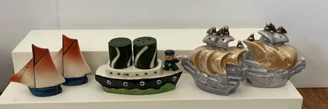 3 Sailing Ships Boats Salt and Pepper Shakers Vintage Japan Lusterware