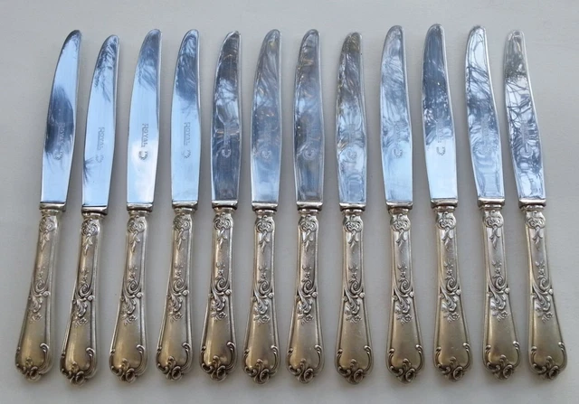 12 Couteaux De Table Orfèvrerie EB - Décor Rocaille Louis XV - Métal Argenté