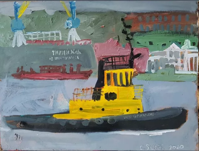 ORIGINAL huile sur carton tracteur bateau image Picture abstrait salon NEUF