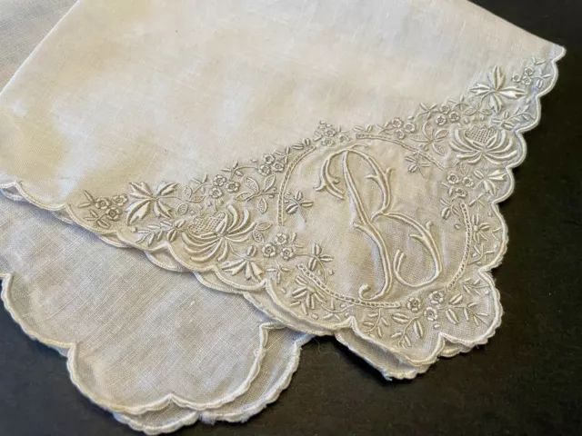 Exquisite Vintage Handkerchief MONOGRAM “B” Appenzell Whitework Bridal Wedding