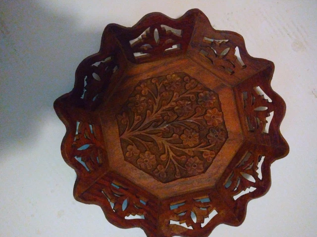 Vintage Hand Carved Wood Tray Made In India Wooden Box Octagon 9"
