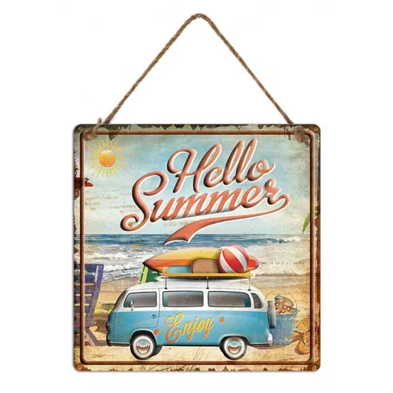 Country Metal Tin Sign Wall Art Embossed Kombi Hello Summer