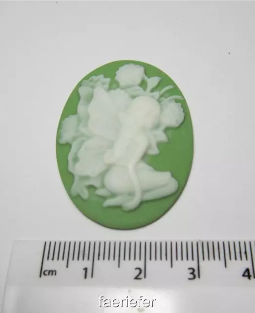 2 large flower fairy resin cabochon white faerie on olive green oval 30 x 40 mm