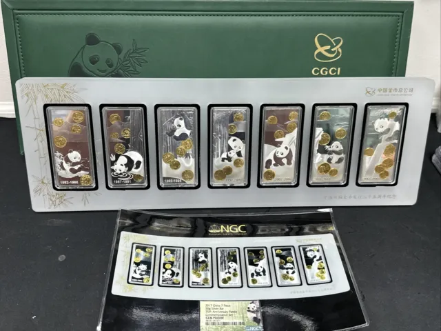 2017 China 7 Piece 50g Silver Bar 35th Anni Panda Set NGC Gem Proof