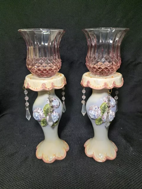 Pair Of Floral Chic Mantle Lusters Pink Glass Candleholders With Prisms