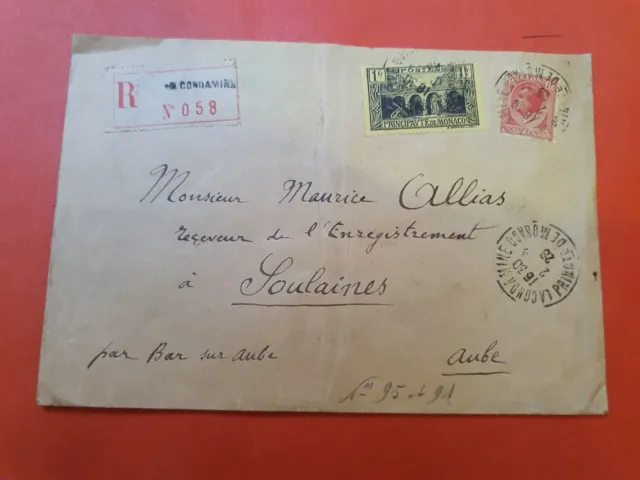 Monaco - Enveloppe en recommandé pour Soulaines en 1928 - D 287