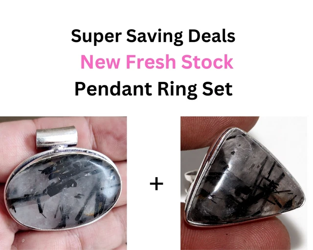 Natural Black Rutile, New Fresh Stock Pendant Ring Combo Set 1.5|6.5" GW