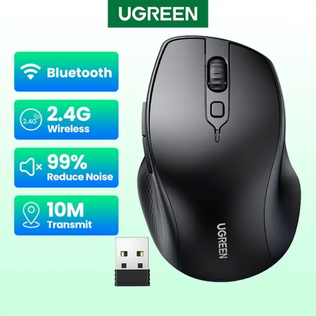 UGREEN Wireless Mouse Bluetooth 5.0 2.4G Ergonomic 4000 DPI 6 Mute Buttons