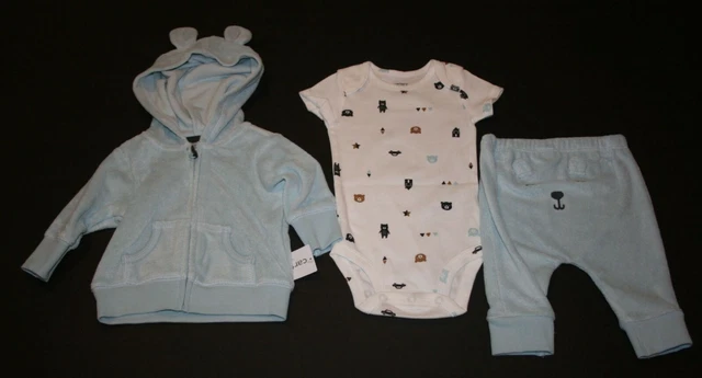 New Carter's Boys 3 Piece Hoodie Bodysuit Top Pant Set Terry Bear 3m 12m Gift