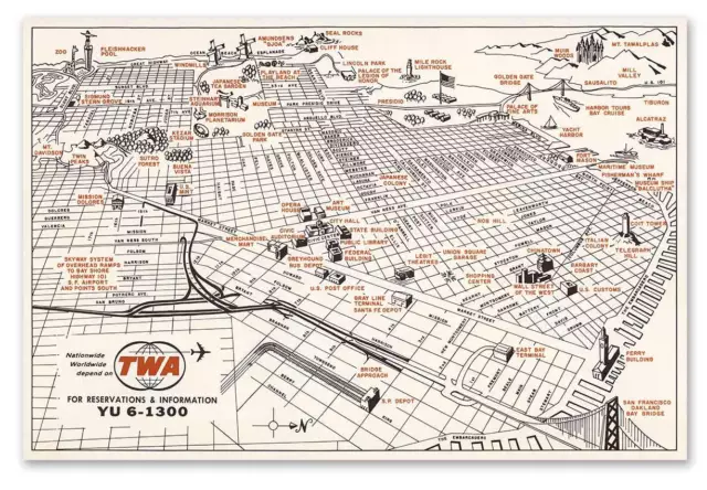 BIG Trans World Airlines TWA San Francisco MAP circa 1965 - 24" x 36" Art Poster