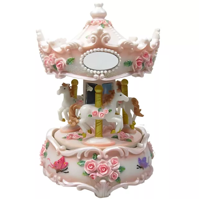 Cotton Candy - Musical Wind Up 3 Horse Carousel Cream With Rose Detailing 6-i...